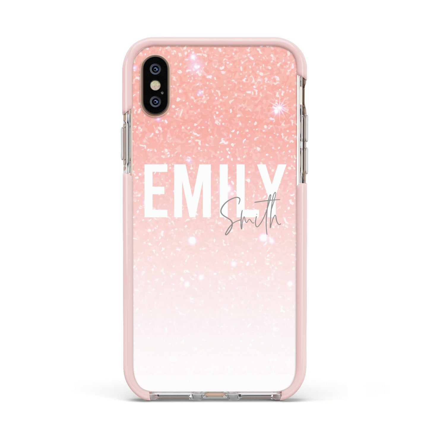 Personalised Pink Glitter Fade Text Apple iPhone Xs Impact Case Pink Edge on Gold Phone