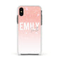 Personalised Pink Glitter Fade Text Apple iPhone Xs Impact Case White Edge on Black Phone