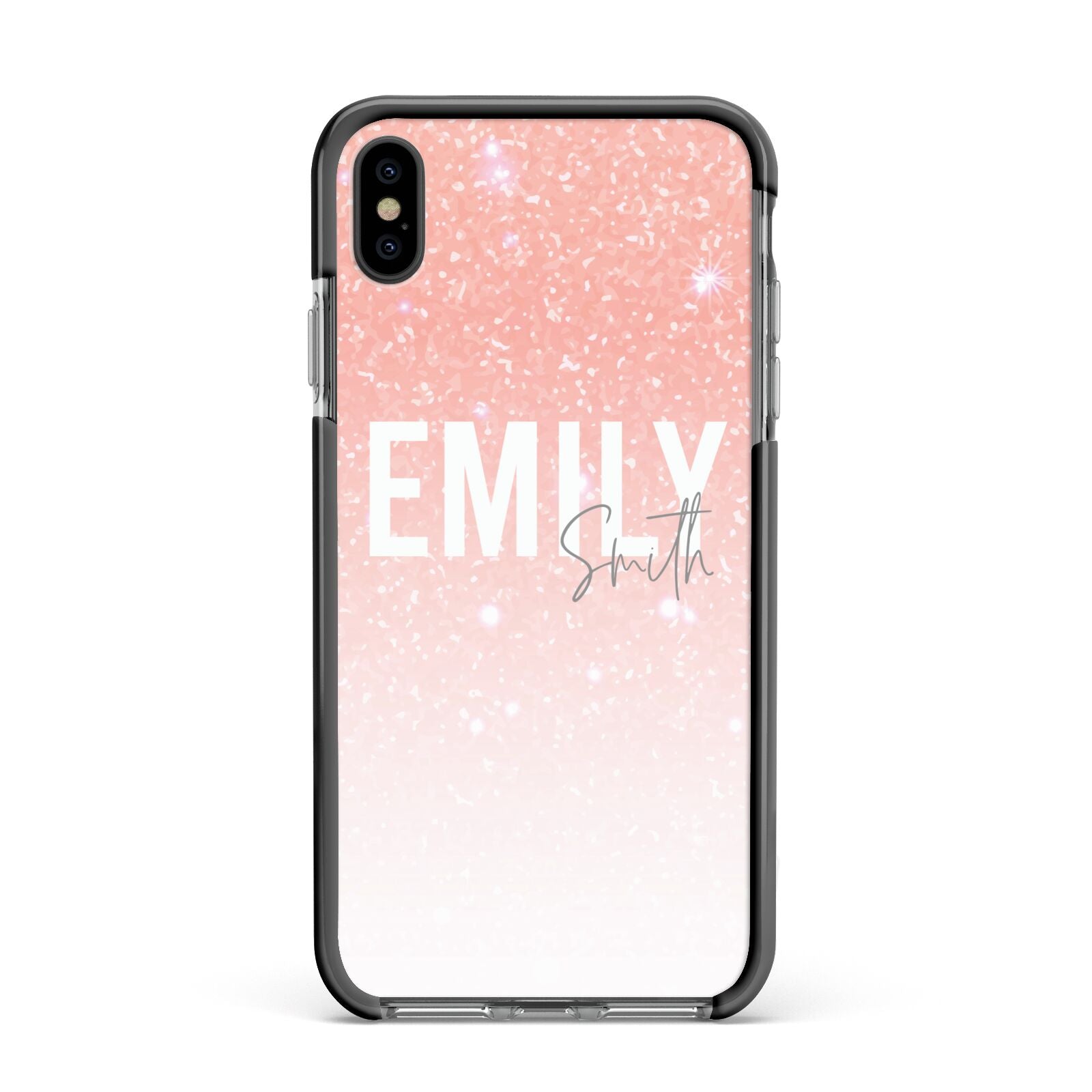 Personalised Pink Glitter Fade Text Apple iPhone Xs Max Impact Case Black Edge on Black Phone