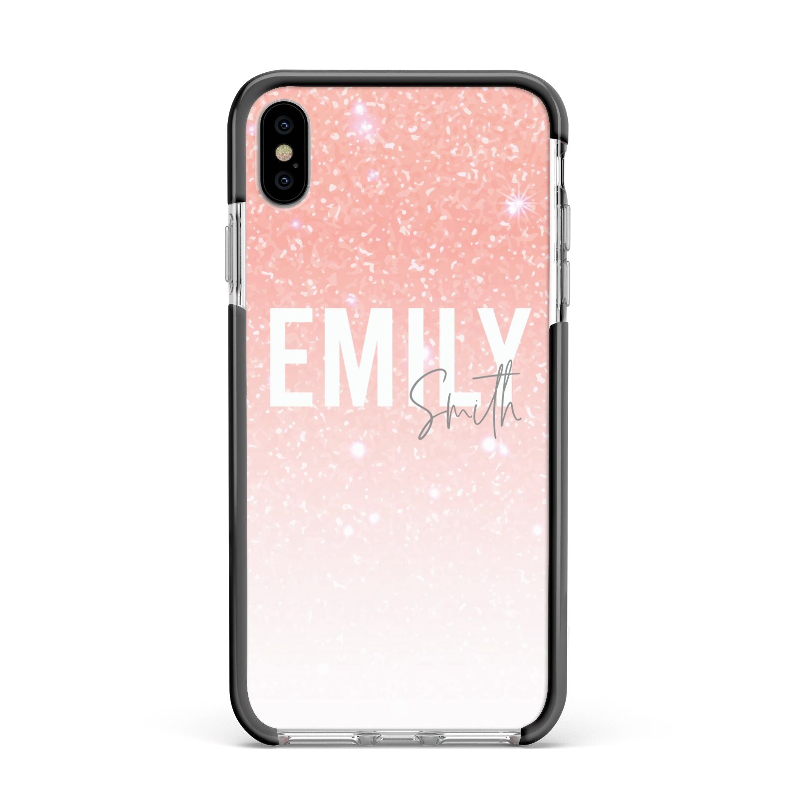 Personalised Pink Glitter Fade Text Apple iPhone Xs Max Impact Case Black Edge on Silver Phone