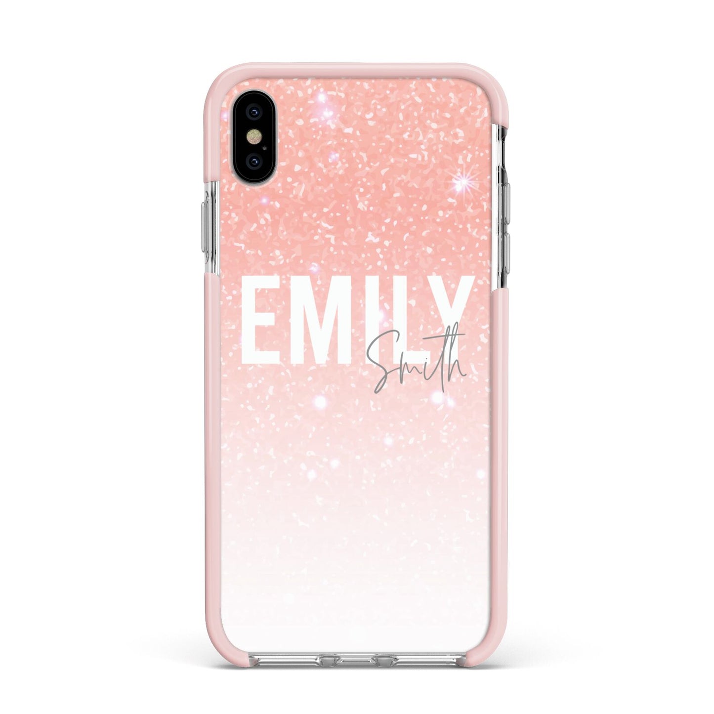 Personalised Pink Glitter Fade Text Apple iPhone Xs Max Impact Case Pink Edge on Silver Phone