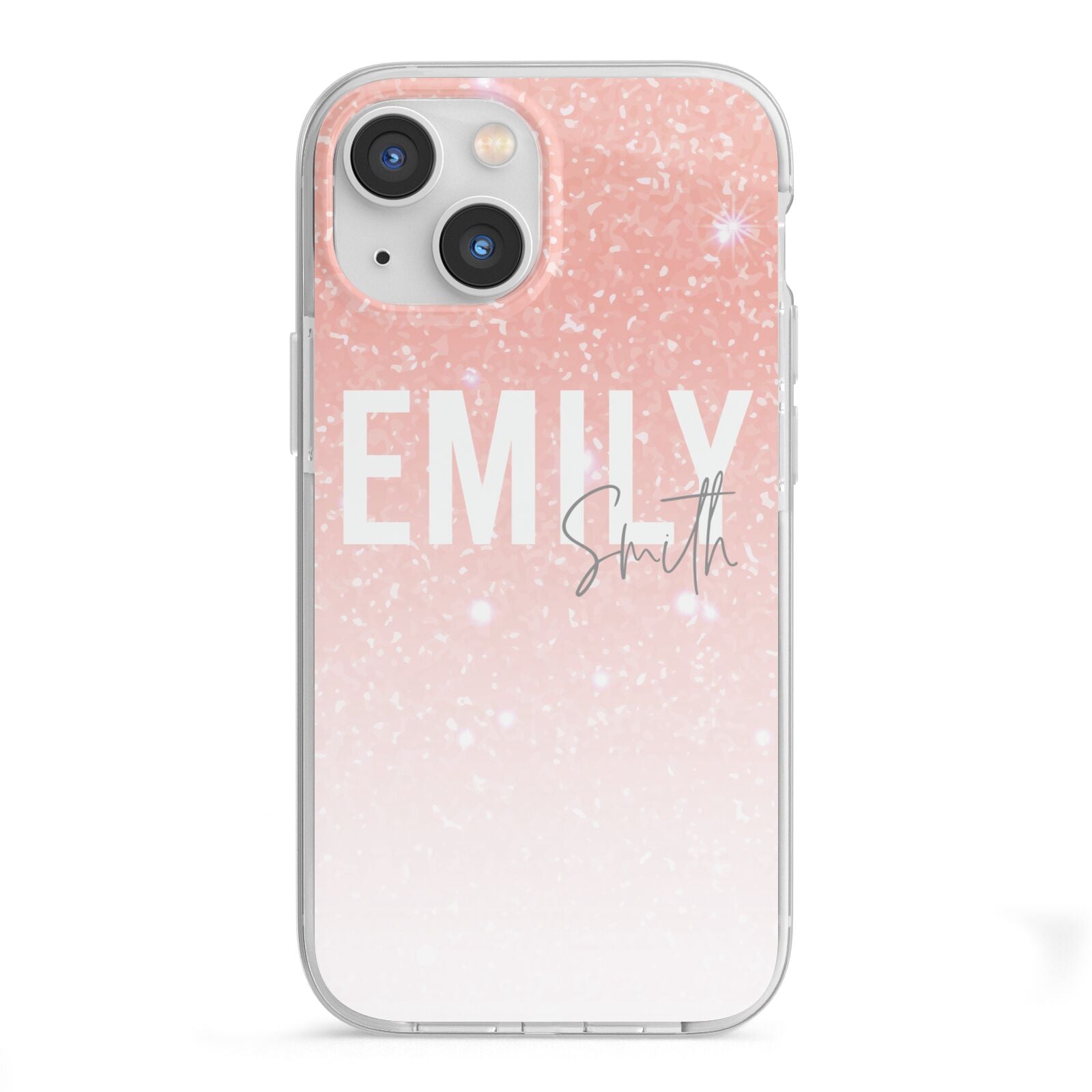 Personalised Pink Glitter Fade Text iPhone 13 Mini TPU Impact Case with White Edges