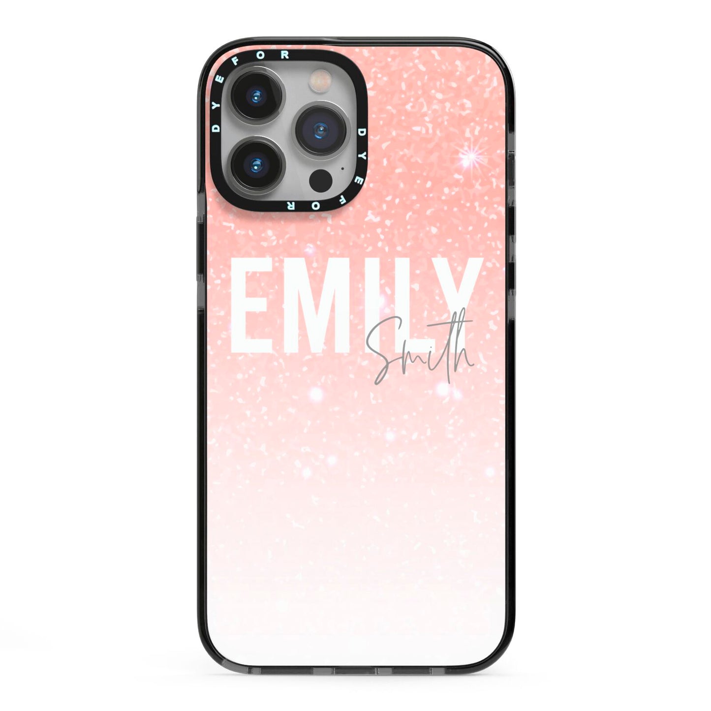 Personalised Pink Glitter Fade Text iPhone 13 Pro Max Black Impact Case on Silver phone