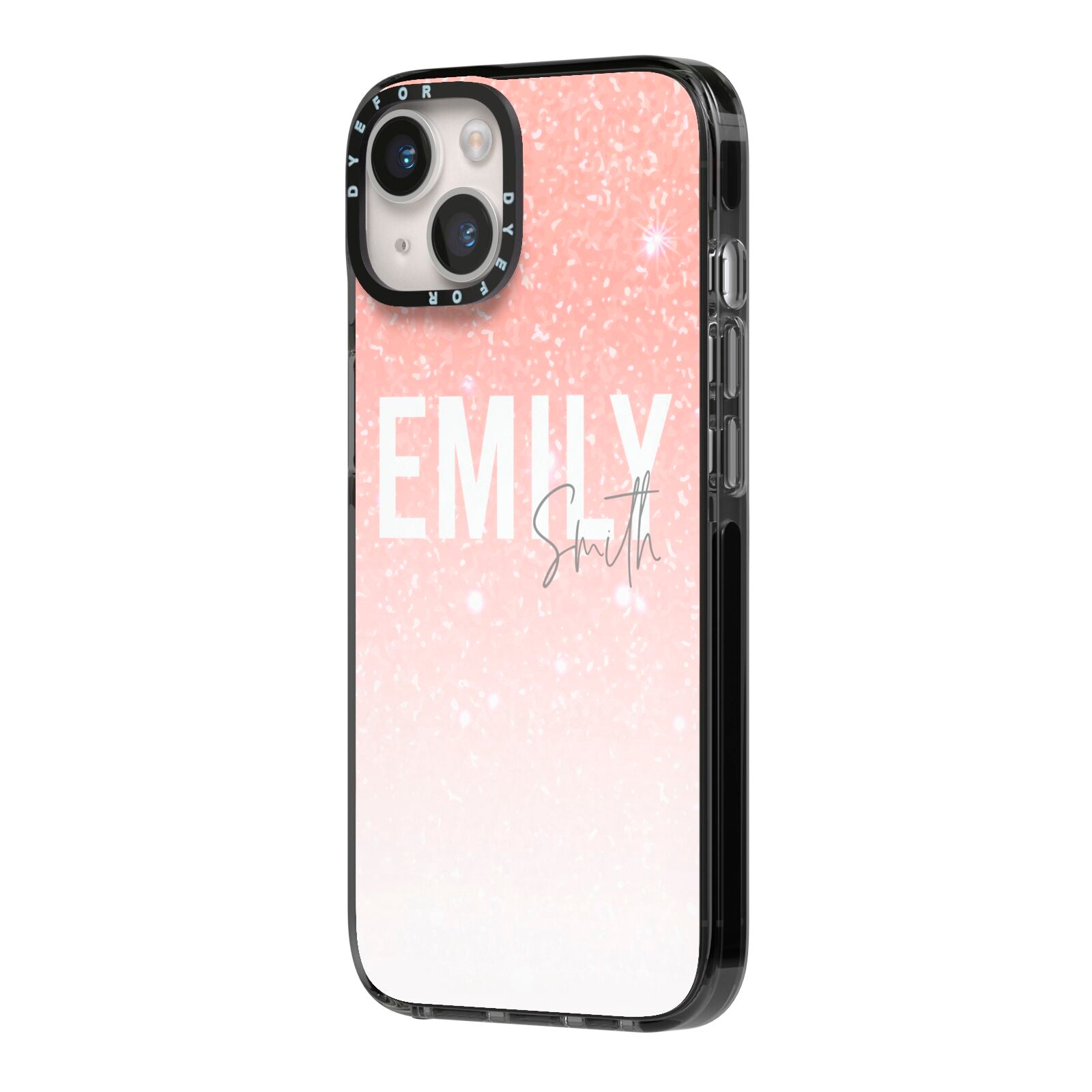 Personalised Pink Glitter Fade Text iPhone 14 Black Impact Case Side Angle on Silver phone