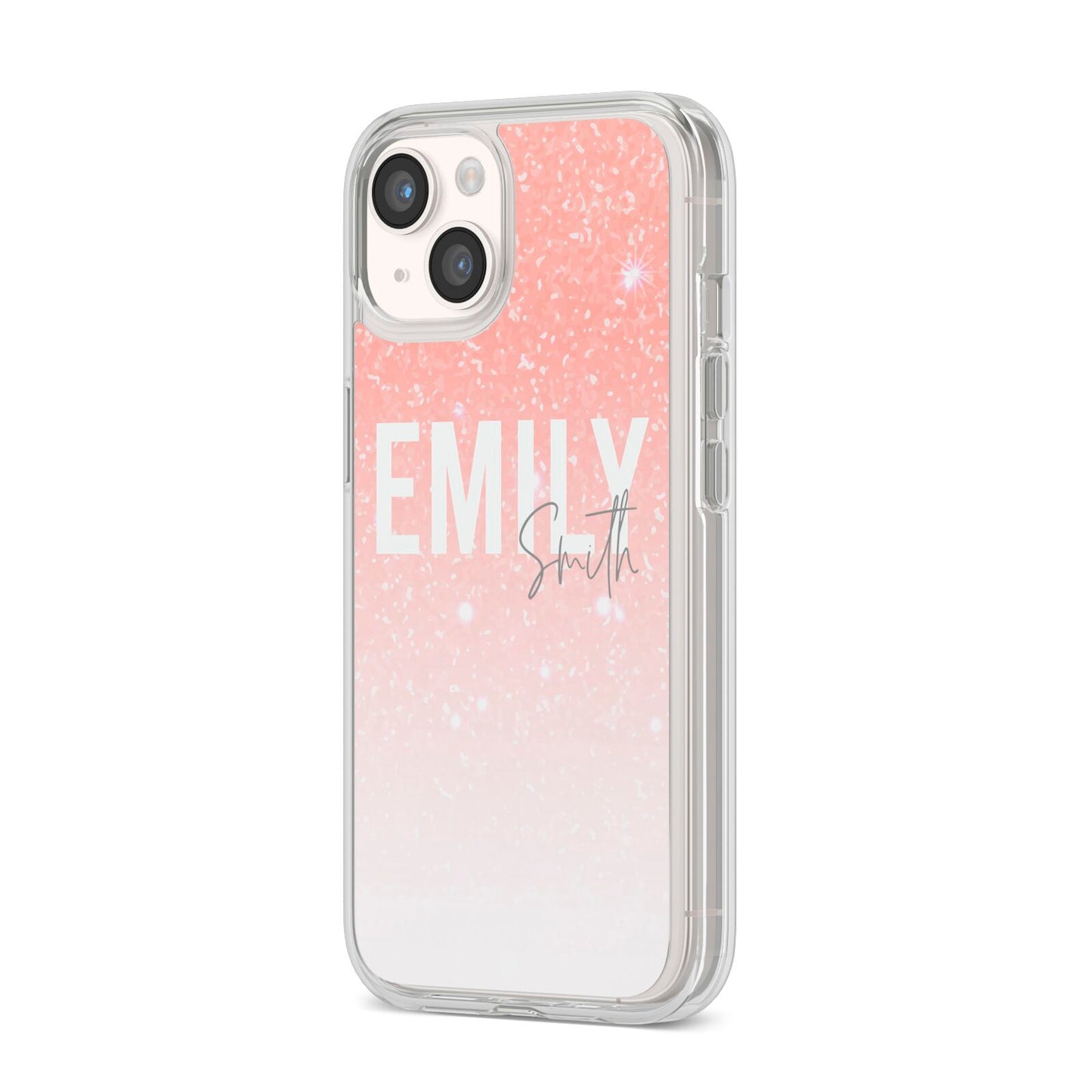 Personalised Pink Glitter Fade Text iPhone 14 Clear Tough Case Starlight Angled Image