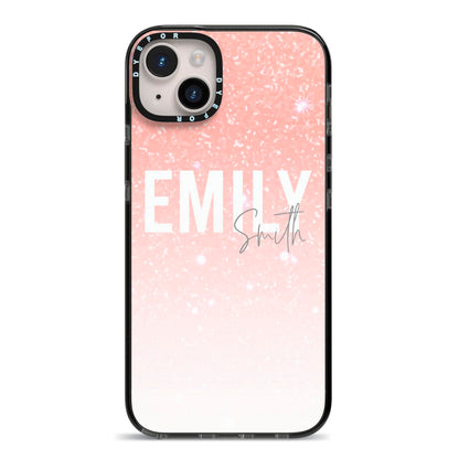 Personalised Pink Glitter Fade Text iPhone 14 Plus Black Impact Case on Silver phone