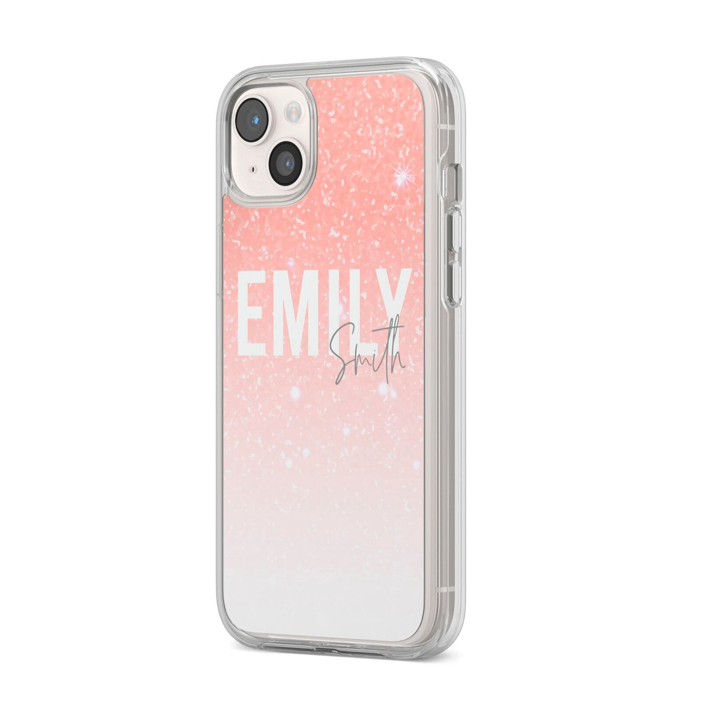 Personalised Pink Glitter Fade Text iPhone 14 Plus Clear Tough Case Starlight Angled Image