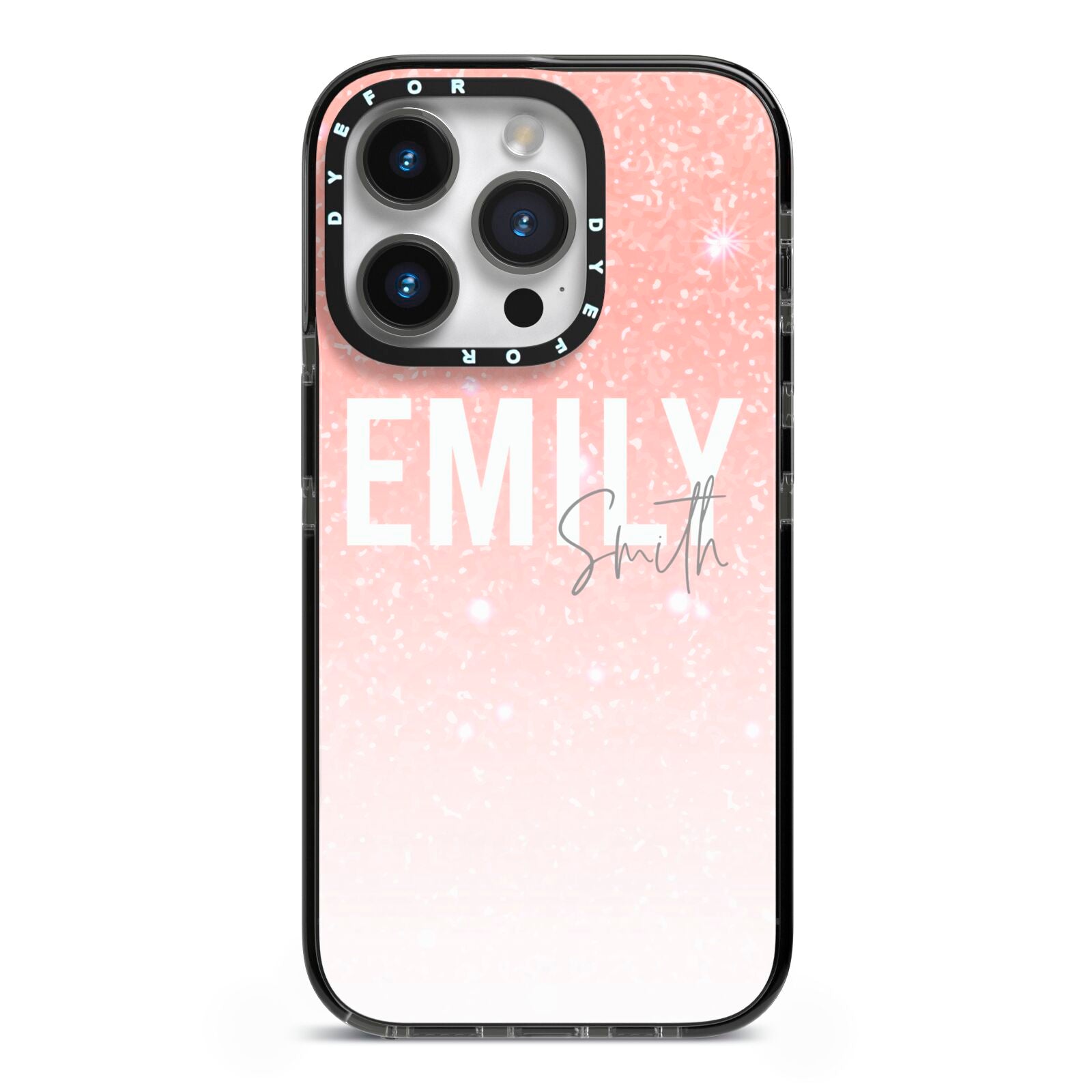 Personalised Pink Glitter Fade Text iPhone 14 Pro Black Impact Case on Silver phone