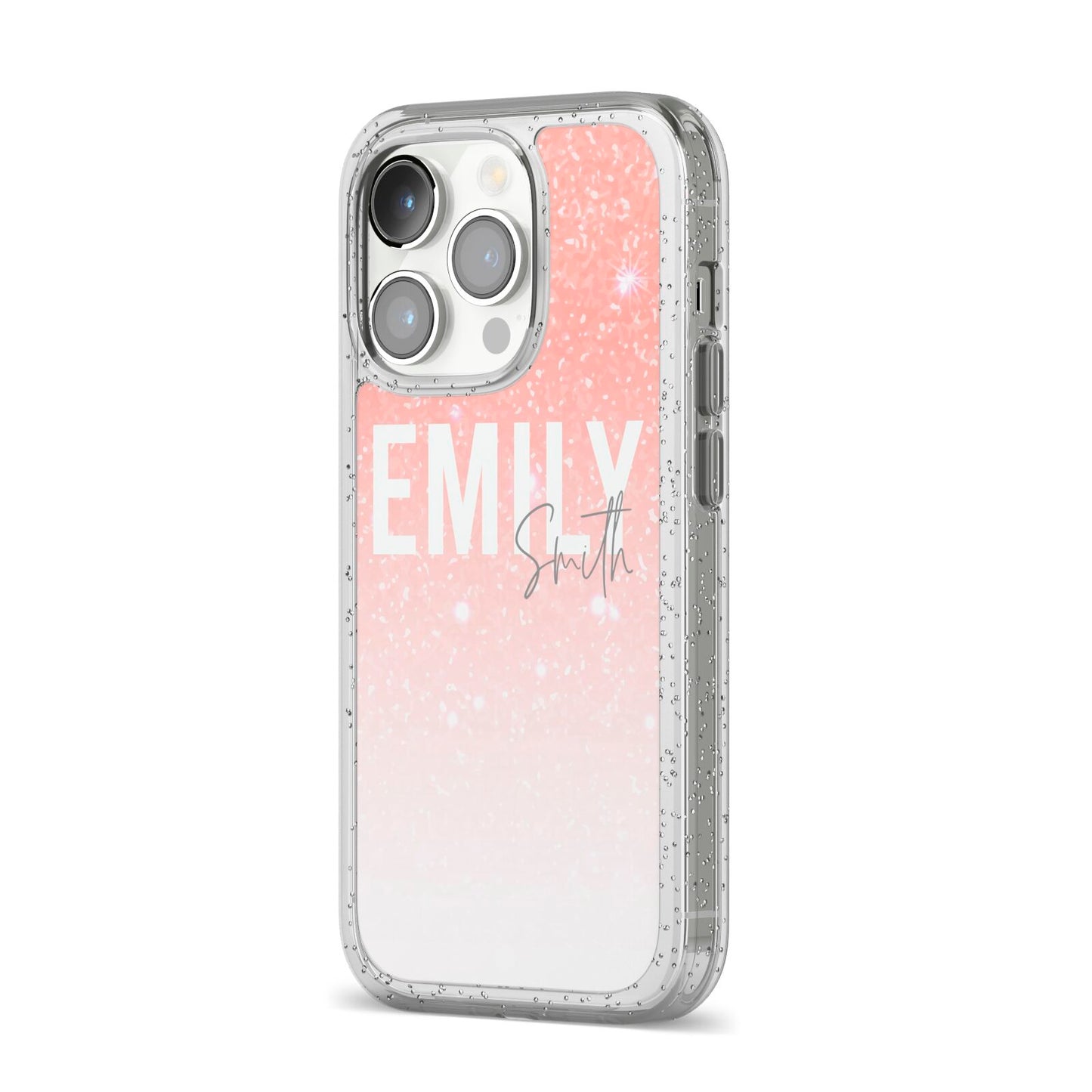 Personalised Pink Glitter Fade Text iPhone 14 Pro Glitter Tough Case Silver Angled Image