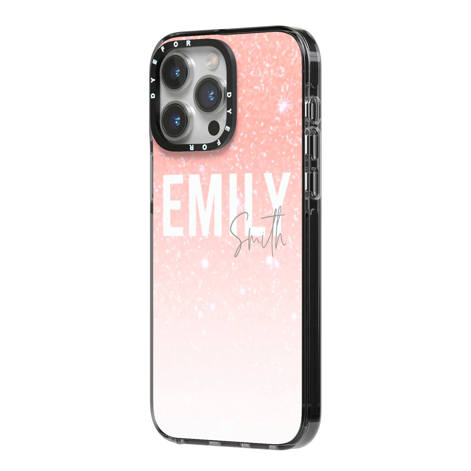 Personalised Pink Glitter Fade Text iPhone 14 Pro Max Black Impact Case Side Angle on Silver phone