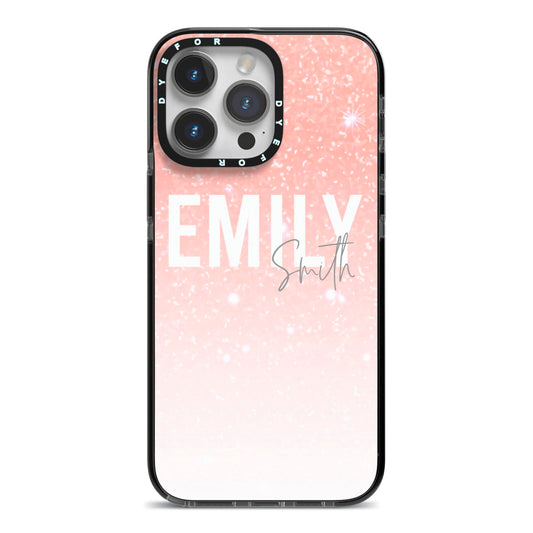 Personalised Pink Glitter Fade Text iPhone 14 Pro Max Black Impact Case on Silver phone