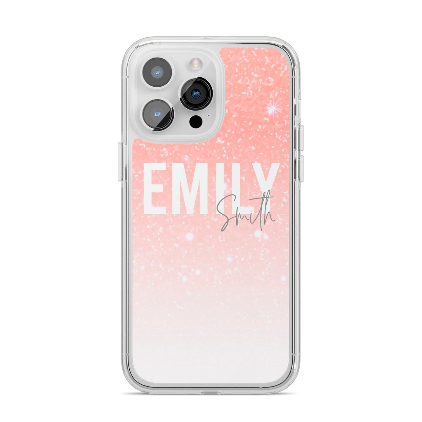 Personalised Pink Glitter Fade Text iPhone 14 Pro Max Clear Tough Case Silver