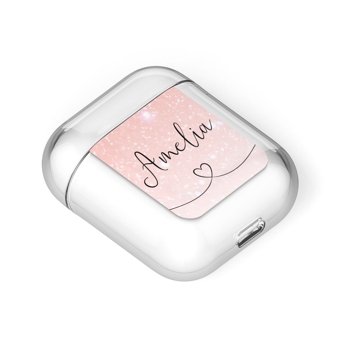 Personalised Pink Glitter Fade with Black Text AirPods Case Laid Flat