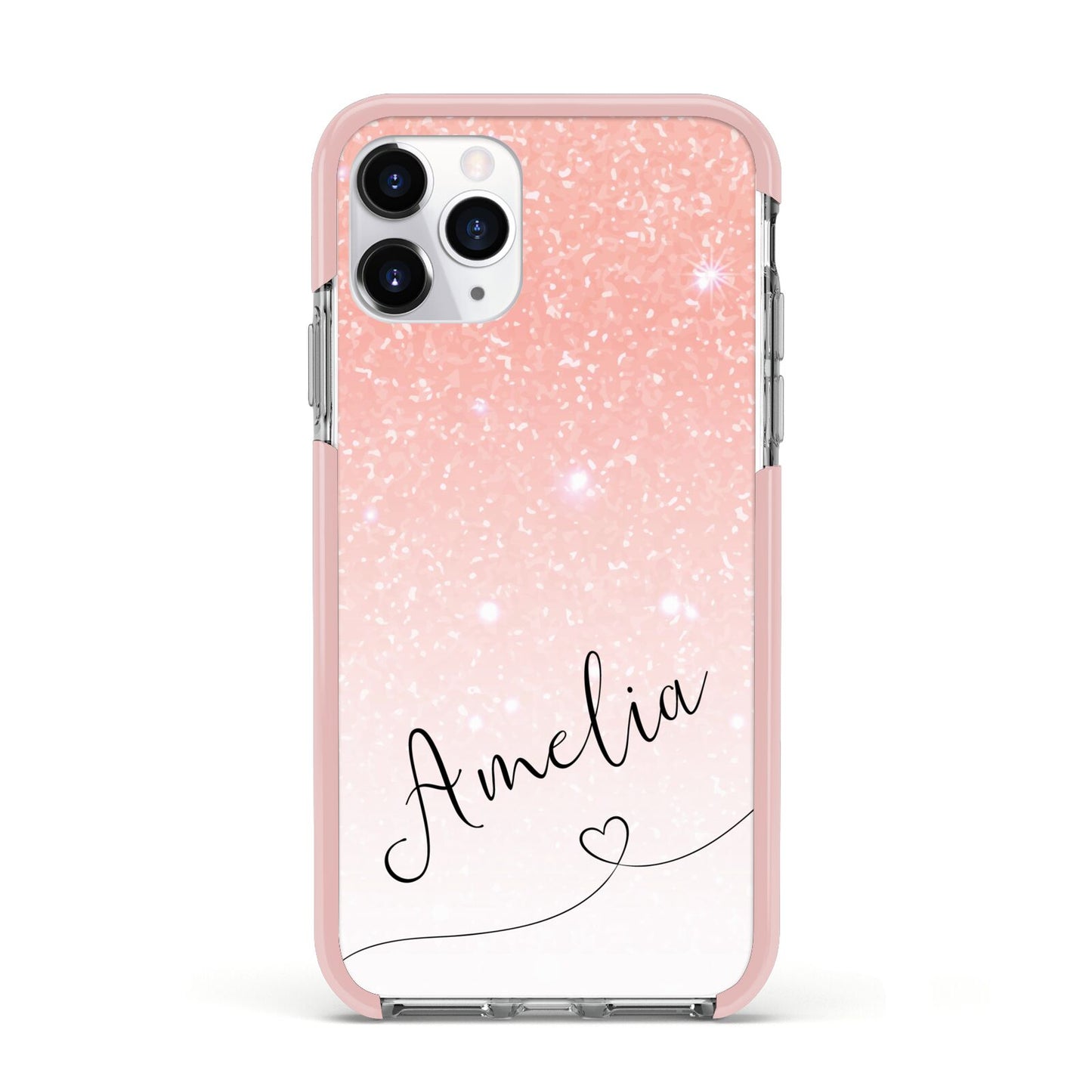 Personalised Pink Glitter Fade with Black Text Apple iPhone 11 Pro in Silver with Pink Impact Case