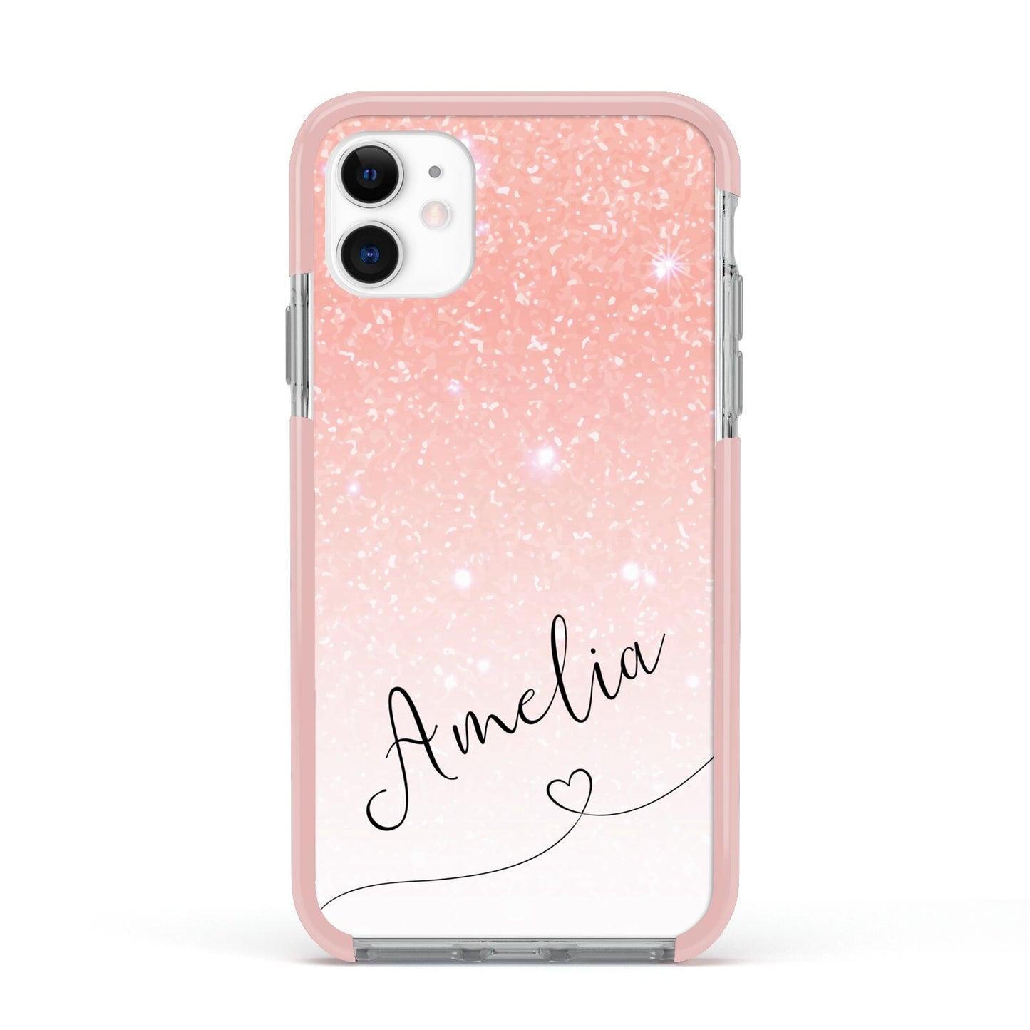 Personalised Pink Glitter Fade with Black Text Apple iPhone 11 in White with Pink Impact Case