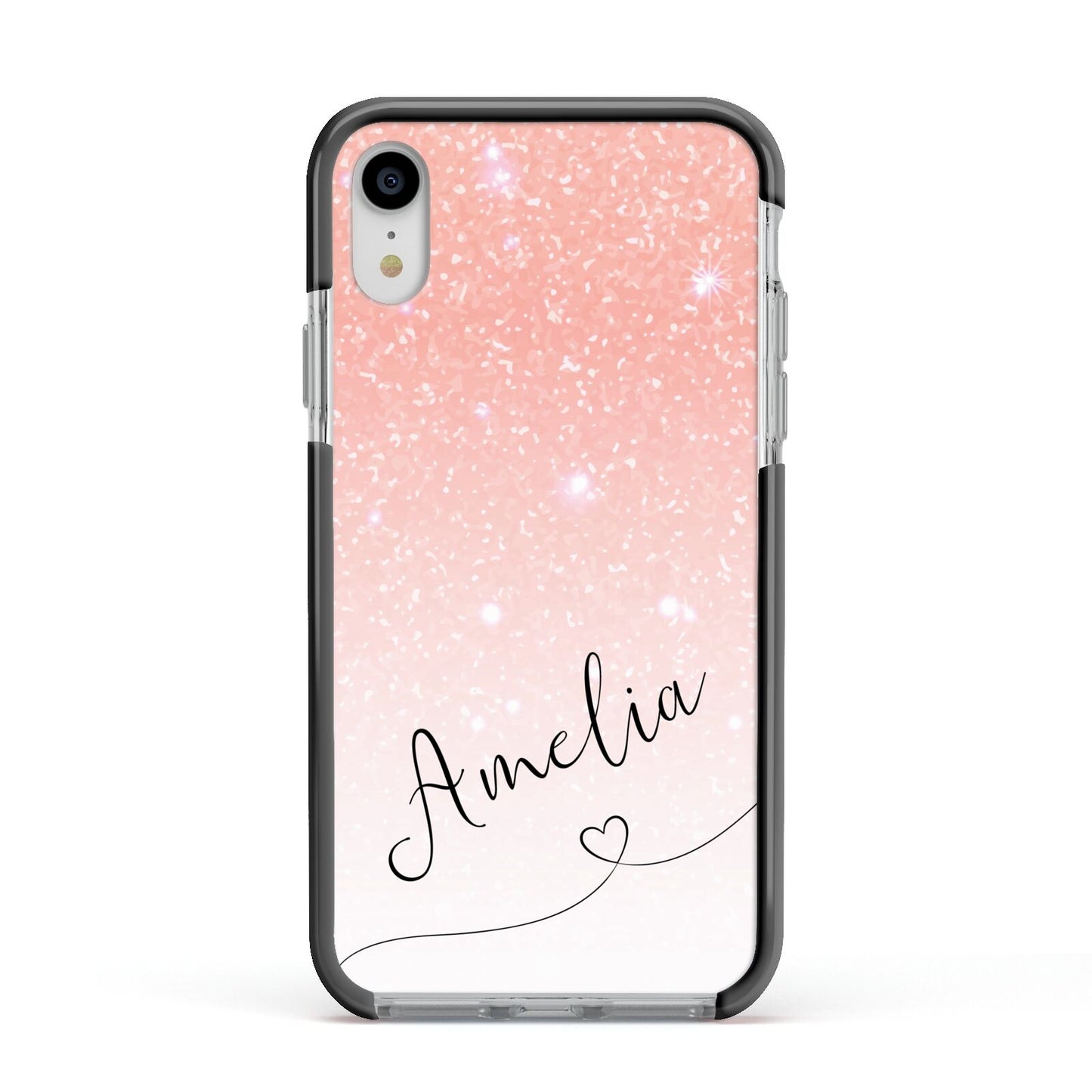 Personalised Pink Glitter Fade with Black Text Apple iPhone XR Impact Case Black Edge on Silver Phone