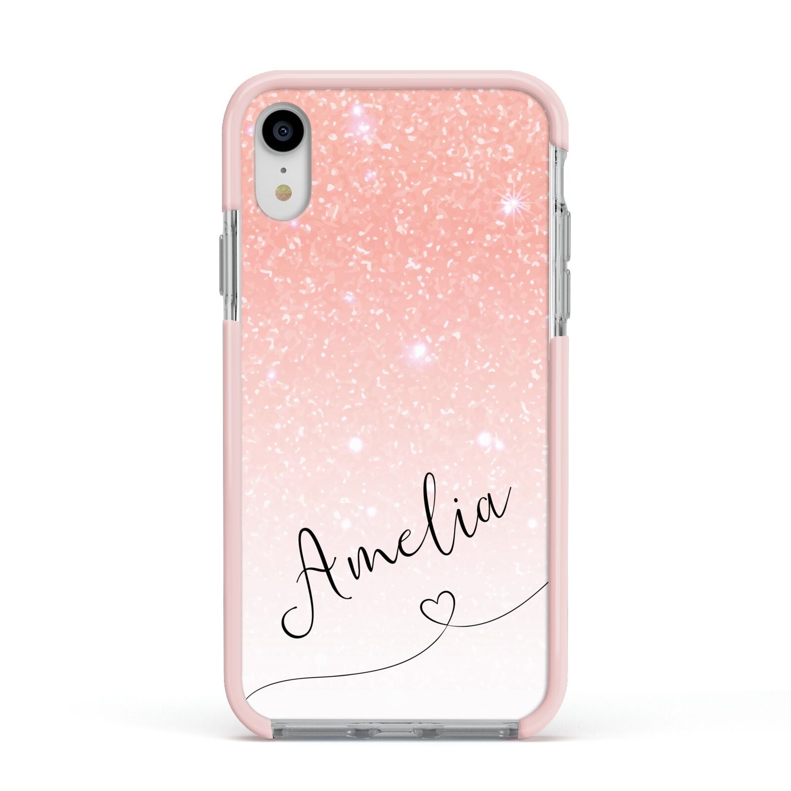 Personalised Pink Glitter Fade with Black Text Apple iPhone XR Impact Case Pink Edge on Silver Phone