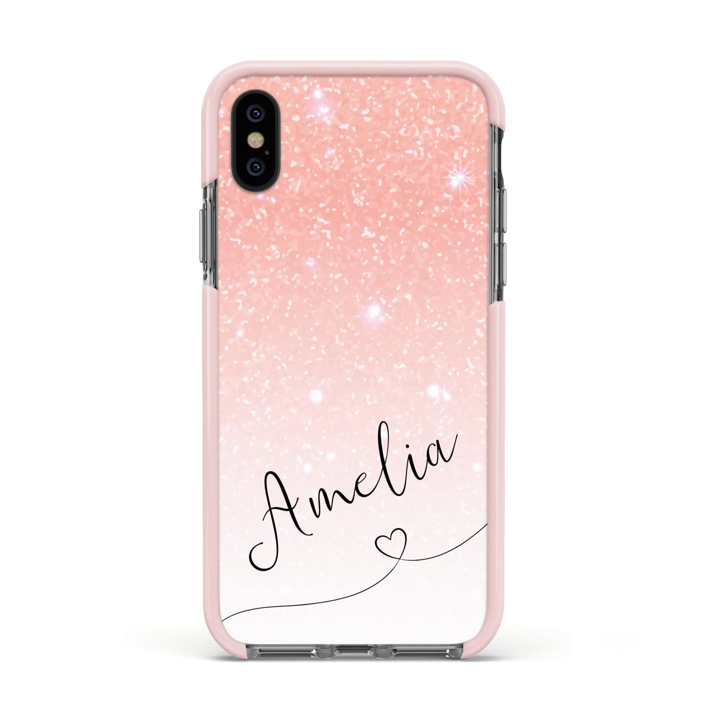 Personalised Pink Glitter Fade with Black Text Apple iPhone Xs Impact Case Pink Edge on Black Phone