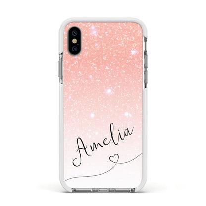 Personalised Pink Glitter Fade with Black Text Apple iPhone Xs Impact Case White Edge on Silver Phone