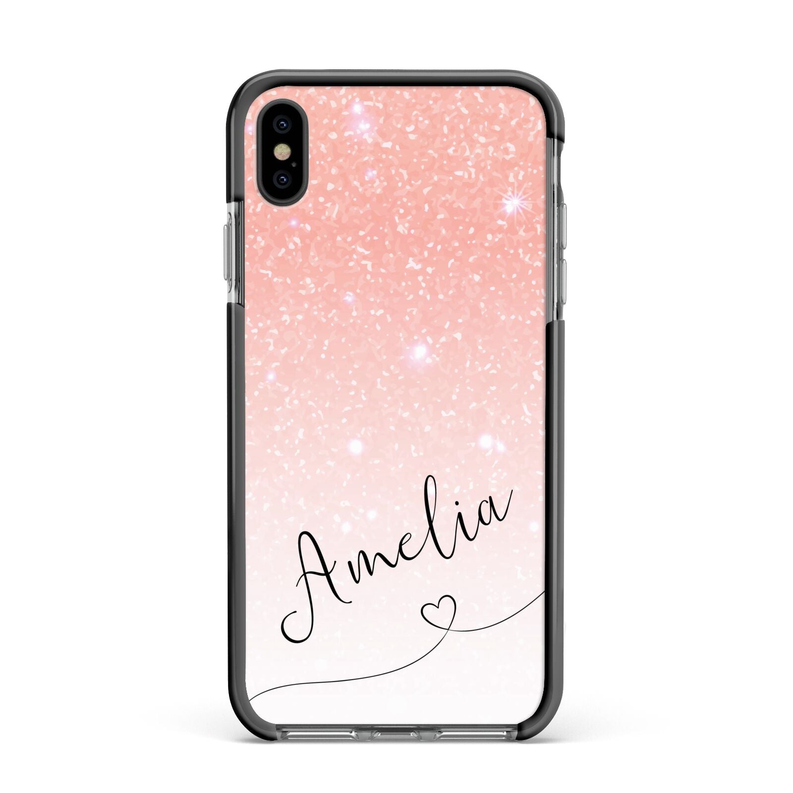 Personalised Pink Glitter Fade with Black Text Apple iPhone Xs Max Impact Case Black Edge on Black Phone