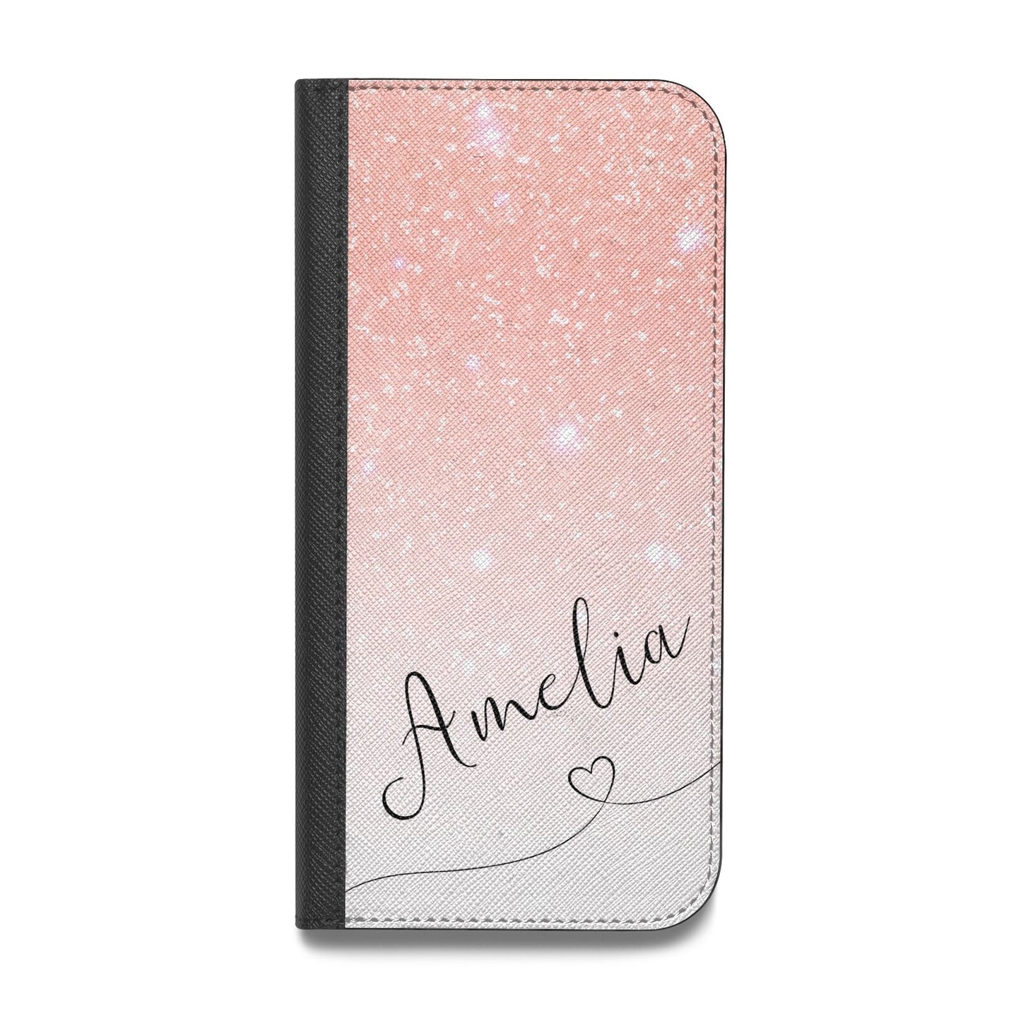 Personalised Pink Glitter Fade with Black Text Vegan Leather Flip Samsung Case