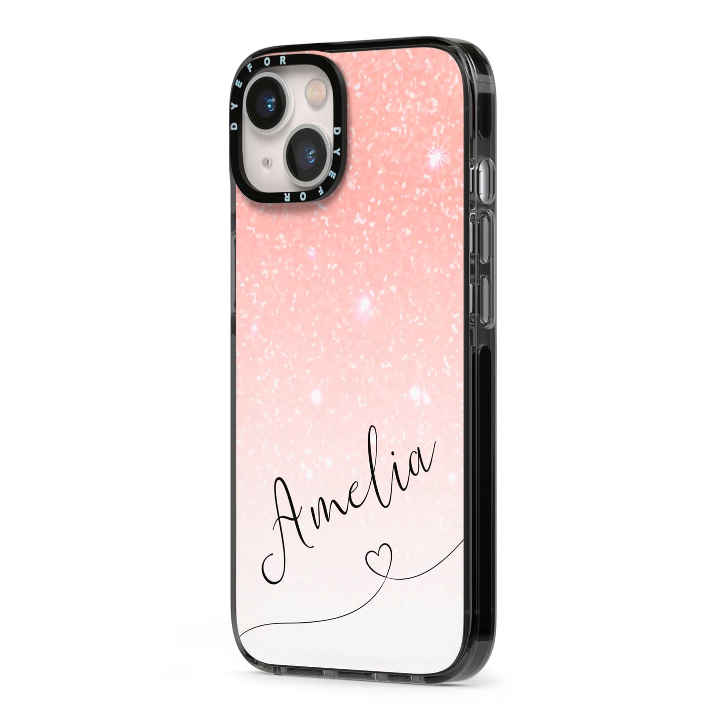 Personalised Pink Glitter Fade with Black Text iPhone 13 Black Impact Case Side Angle on Silver phone