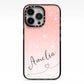 Personalised Pink Glitter Fade with Black Text iPhone 13 Pro Black Impact Case on Silver phone