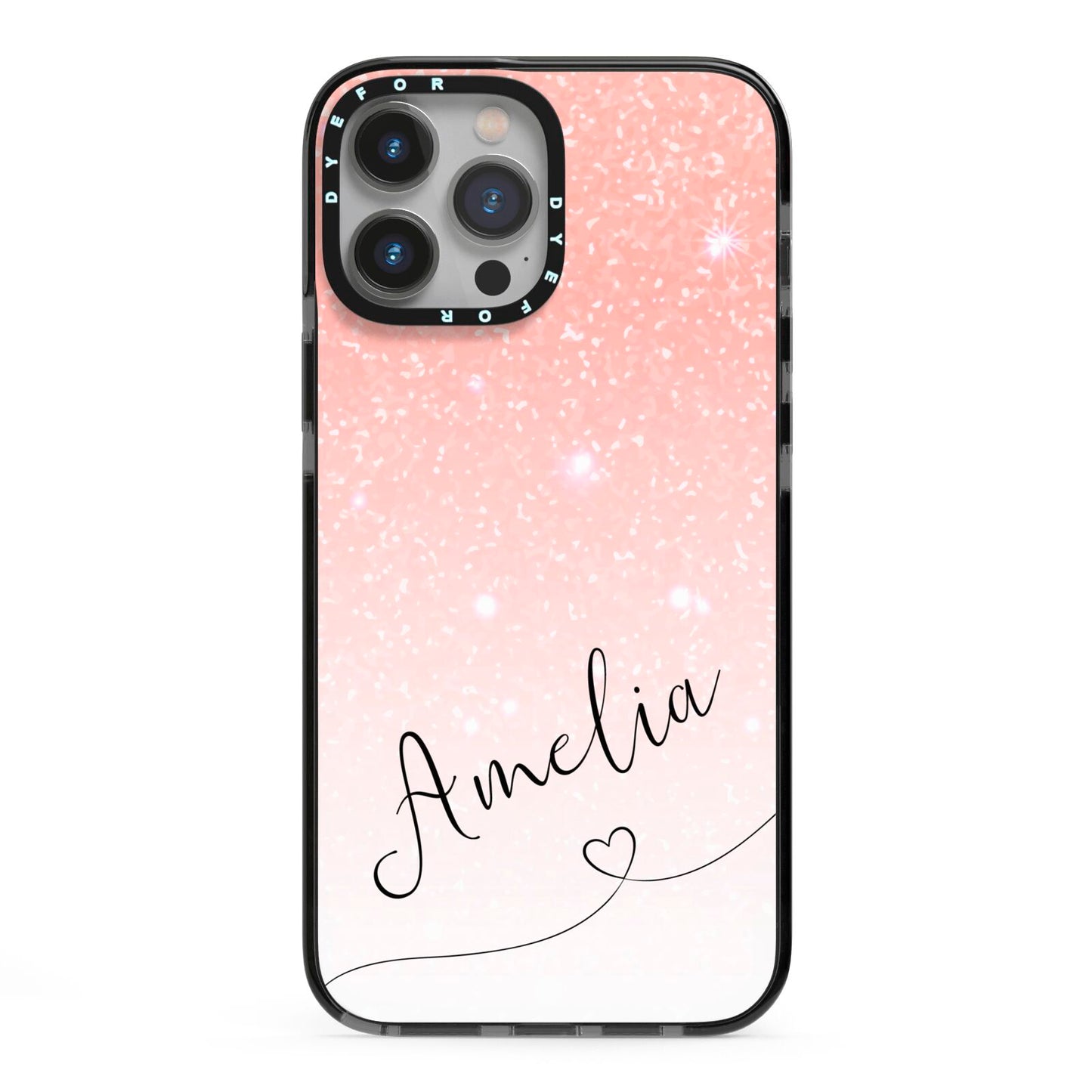 Personalised Pink Glitter Fade with Black Text iPhone 13 Pro Max Black Impact Case on Silver phone