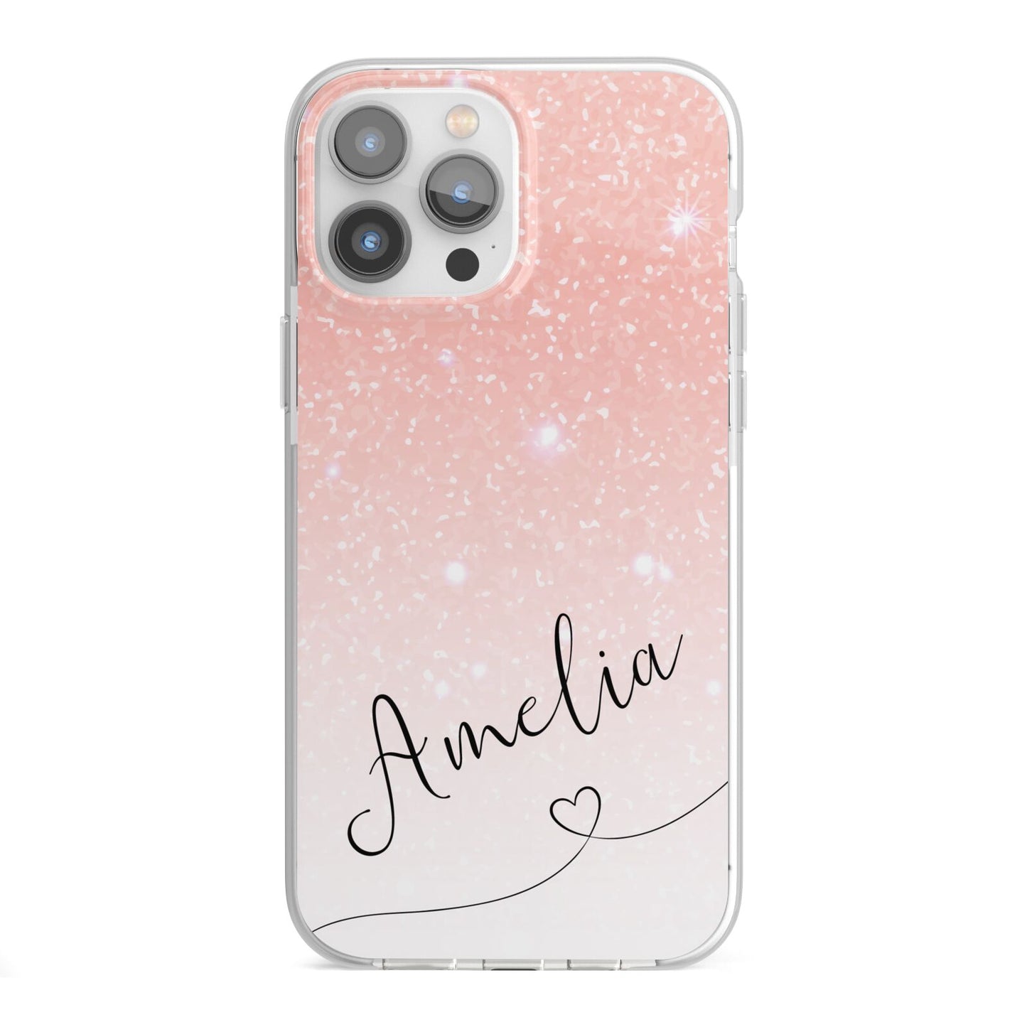 Personalised Pink Glitter Fade with Black Text iPhone 13 Pro Max TPU Impact Case with White Edges