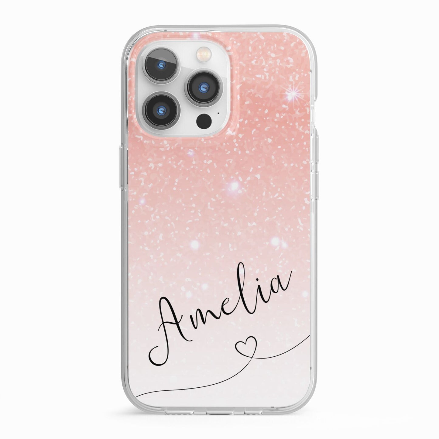 Personalised Pink Glitter Fade with Black Text iPhone 13 Pro TPU Impact Case with White Edges