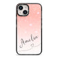 Personalised Pink Glitter Fade with Black Text iPhone 14 Black Impact Case on Silver phone
