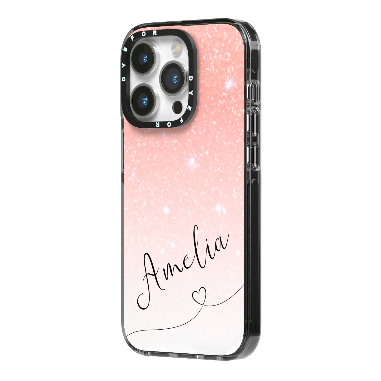 Personalised Pink Glitter Fade with Black Text iPhone 14 Pro Black Impact Case Side Angle on Silver phone
