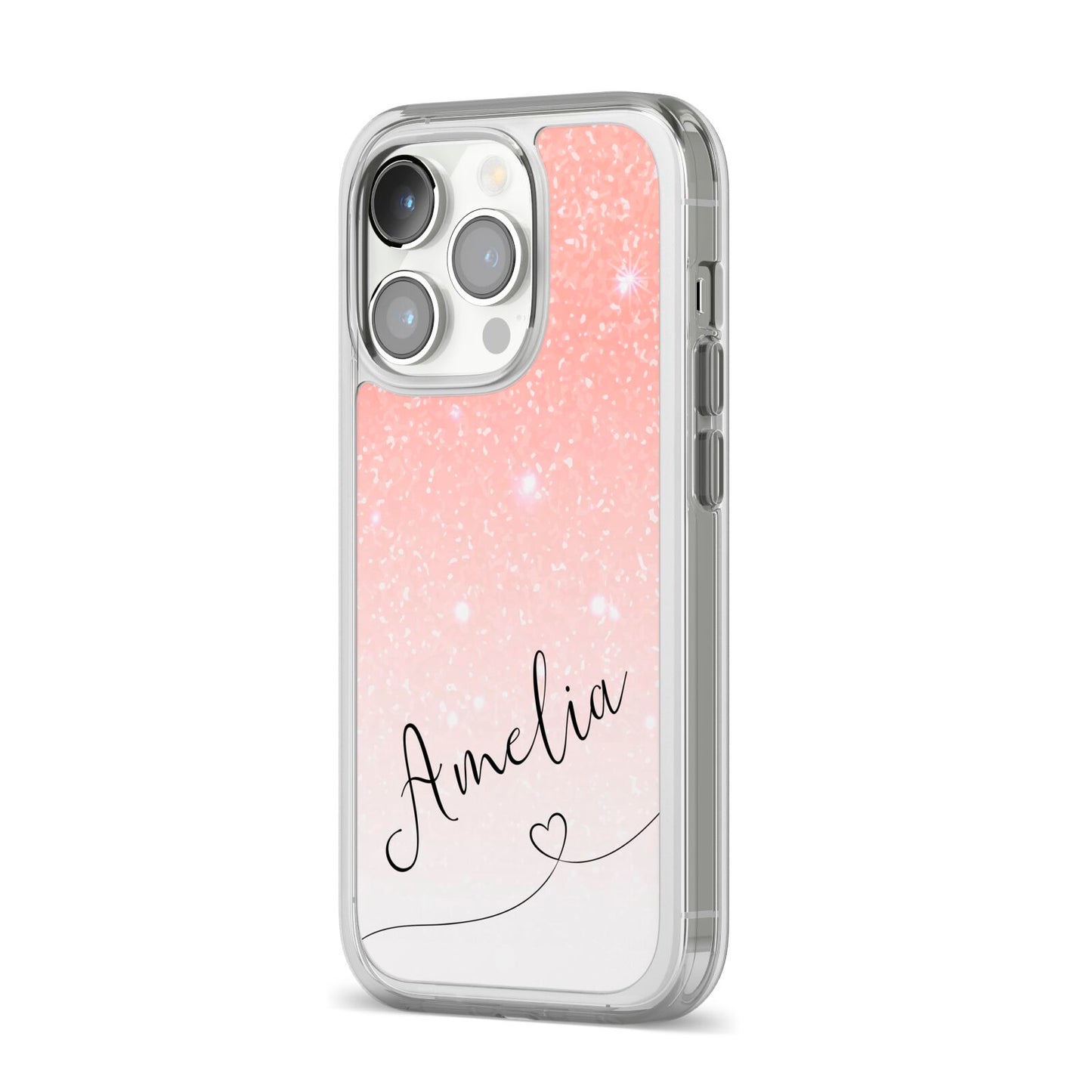 Personalised Pink Glitter Fade with Black Text iPhone 14 Pro Clear Tough Case Silver Angled Image