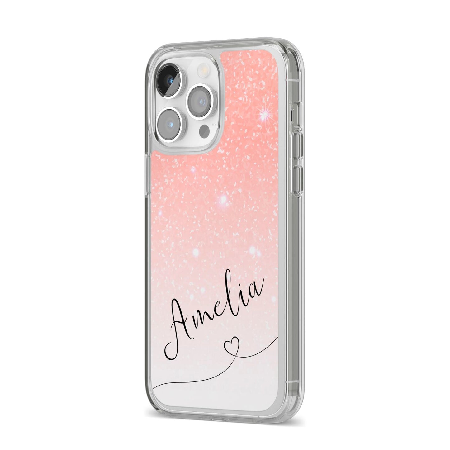 Personalised Pink Glitter Fade with Black Text iPhone 14 Pro Max Clear Tough Case Silver Angled Image