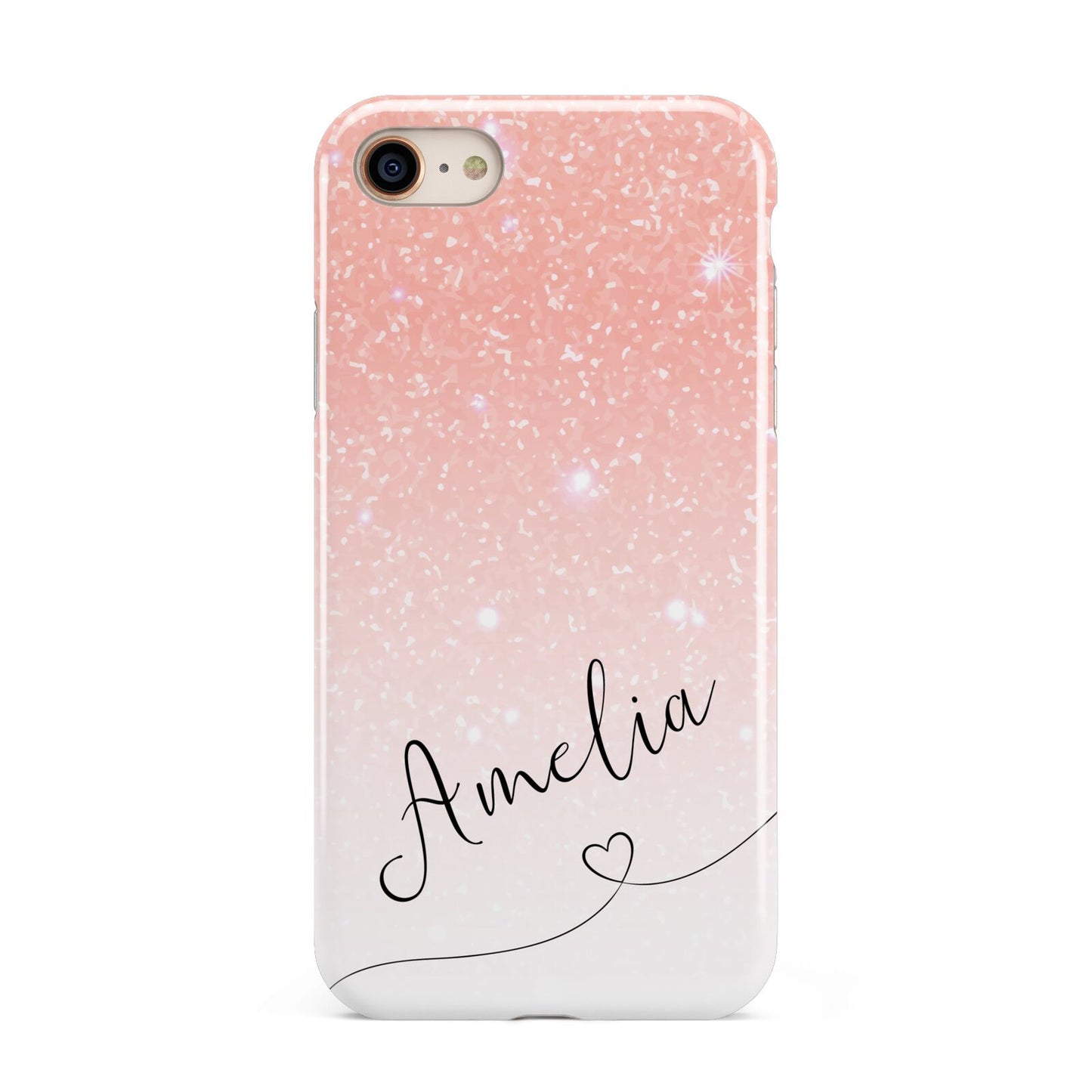 Personalised Pink Glitter Fade with Black Text iPhone 8 3D Tough Case on Gold Phone