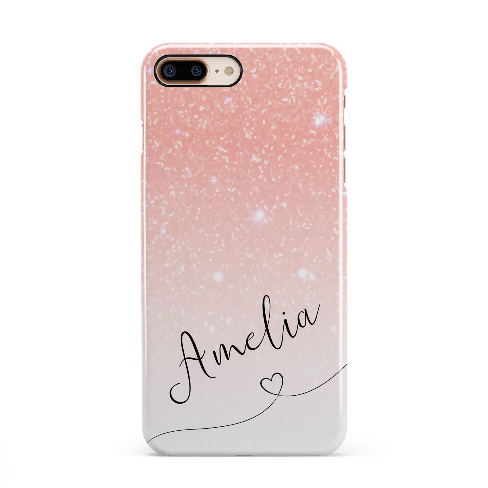 Personalised Pink Glitter Fade with Black Text iPhone 8 Plus 3D Snap Case on Gold Phone