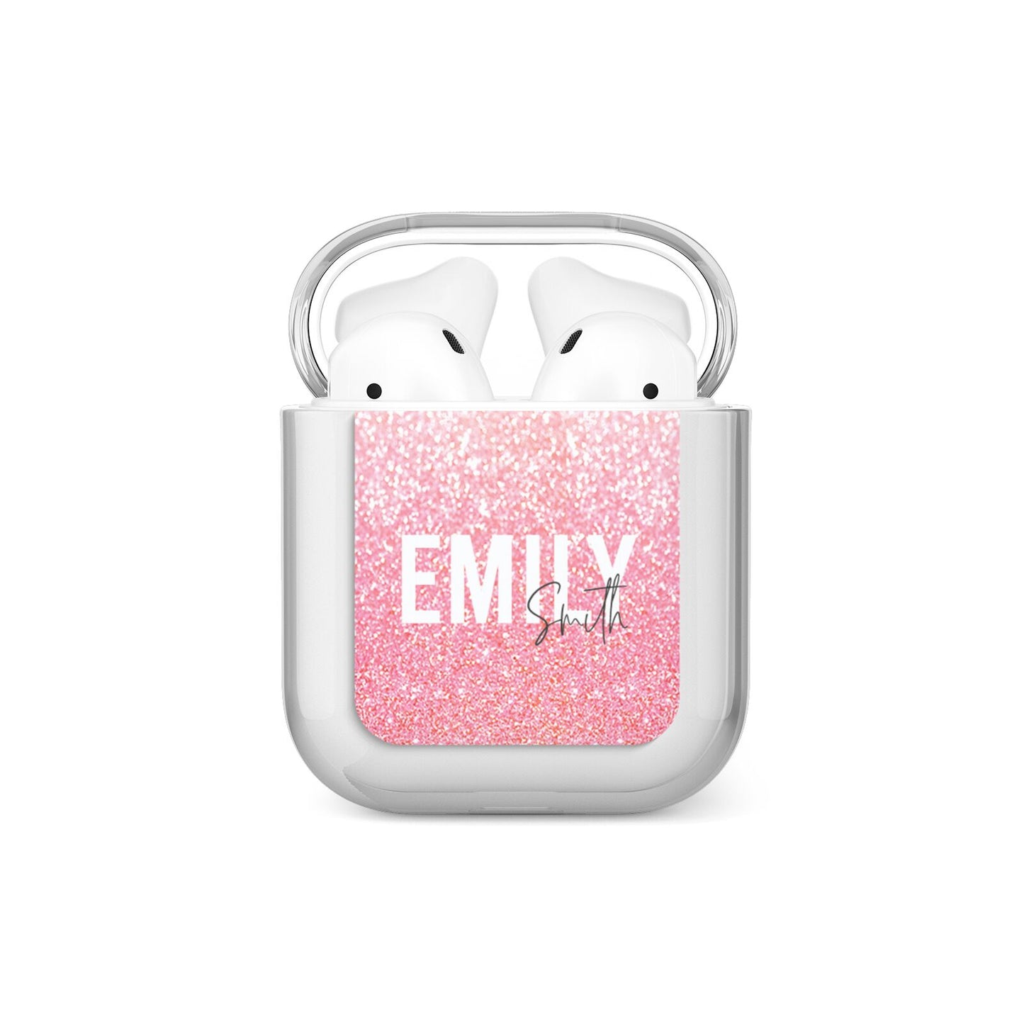 Personalised Pink Glitter White Name AirPods Case