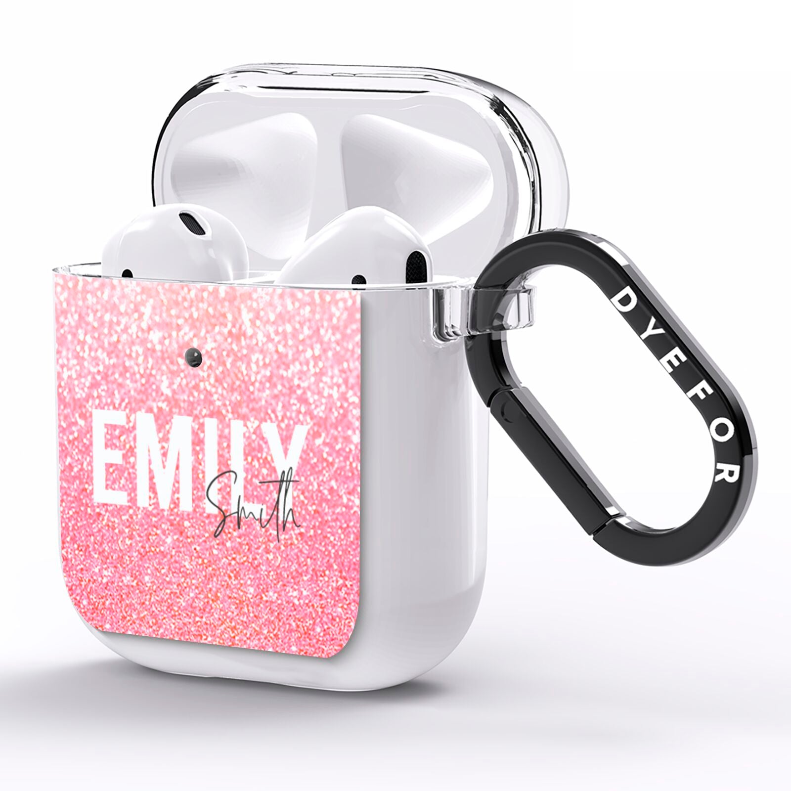 Personalised Pink Glitter White Name AirPods Clear Case Side Image