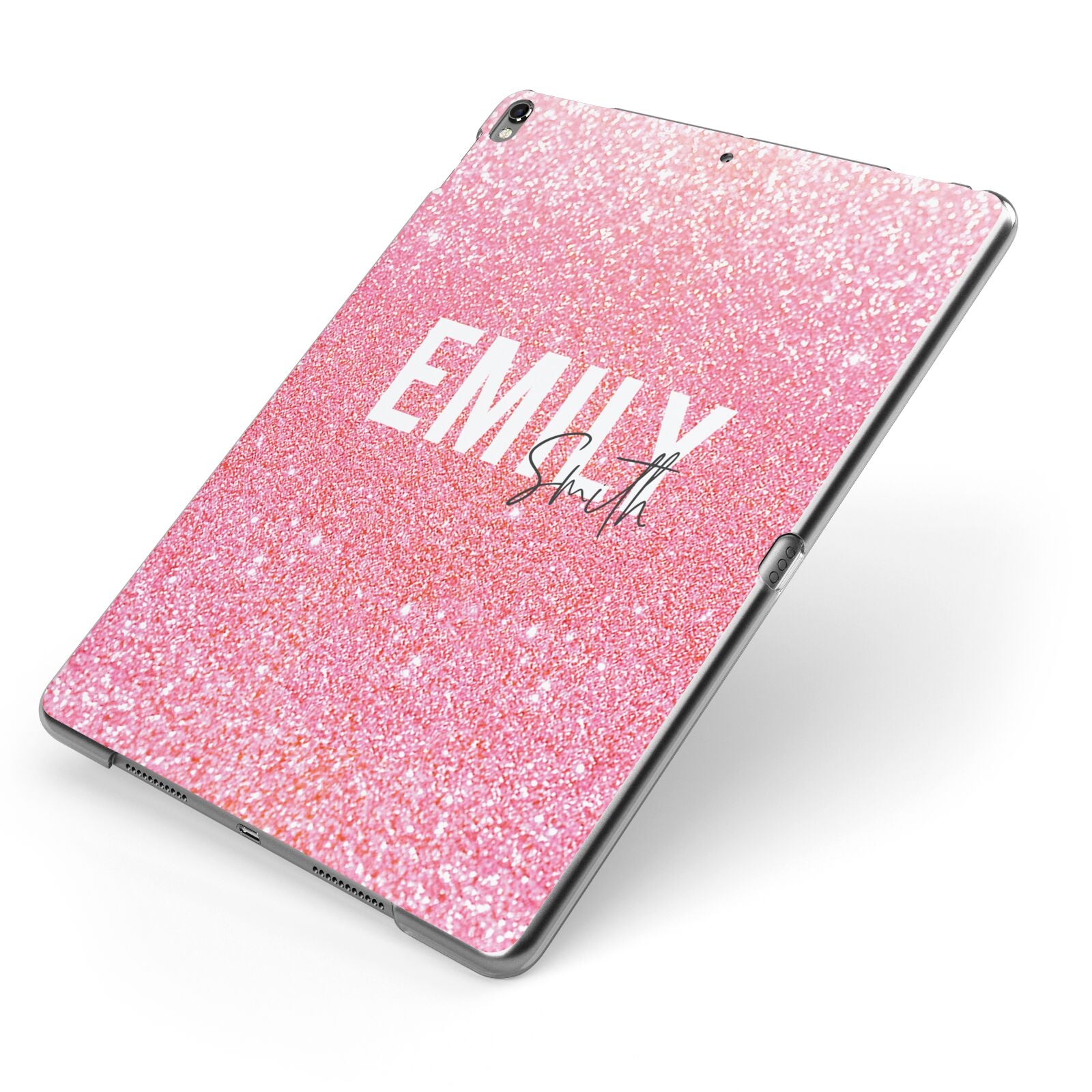 Personalised Pink Glitter White Name Apple iPad Case on Grey iPad Side View