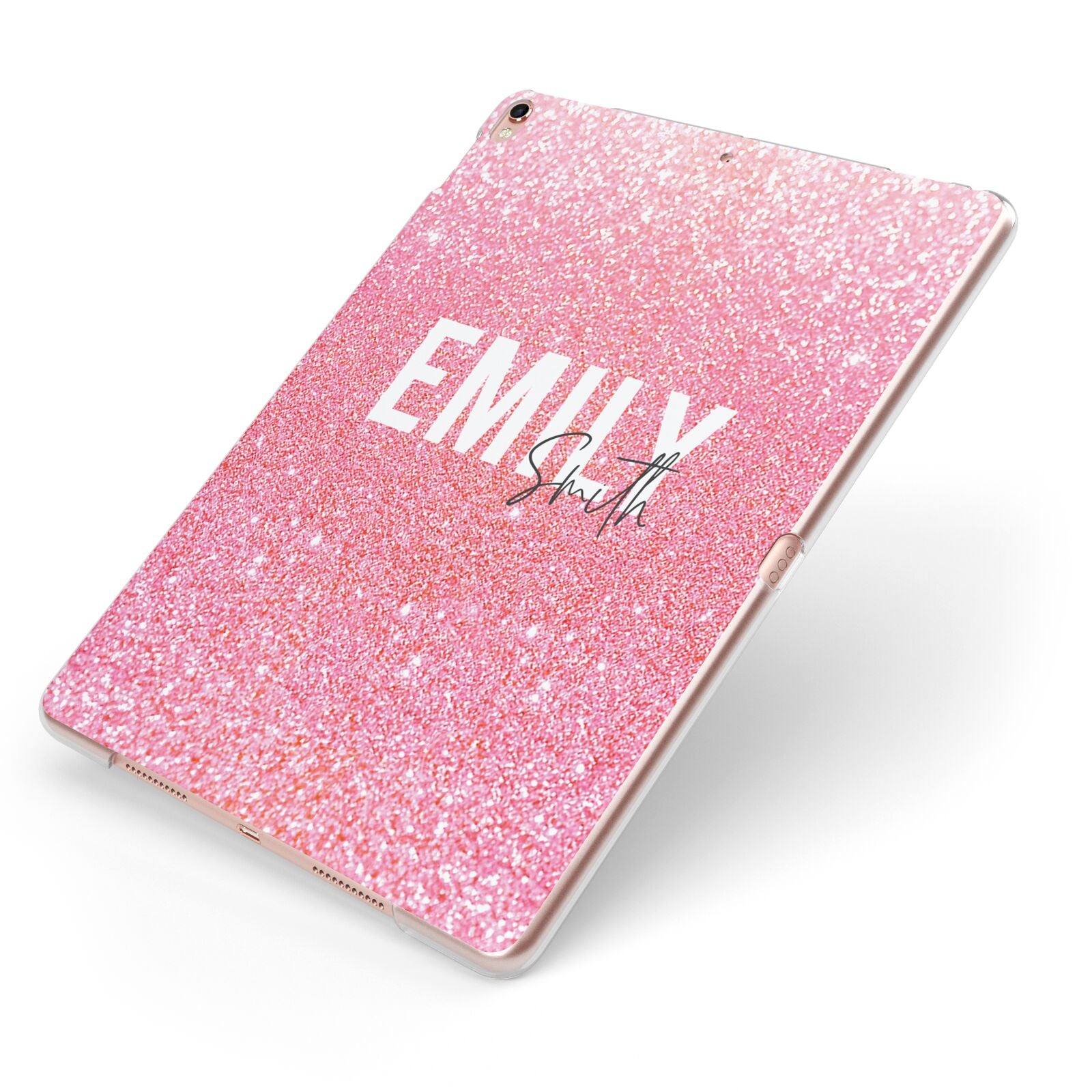Personalised Pink Glitter White Name Apple iPad Case on Rose Gold iPad Side View