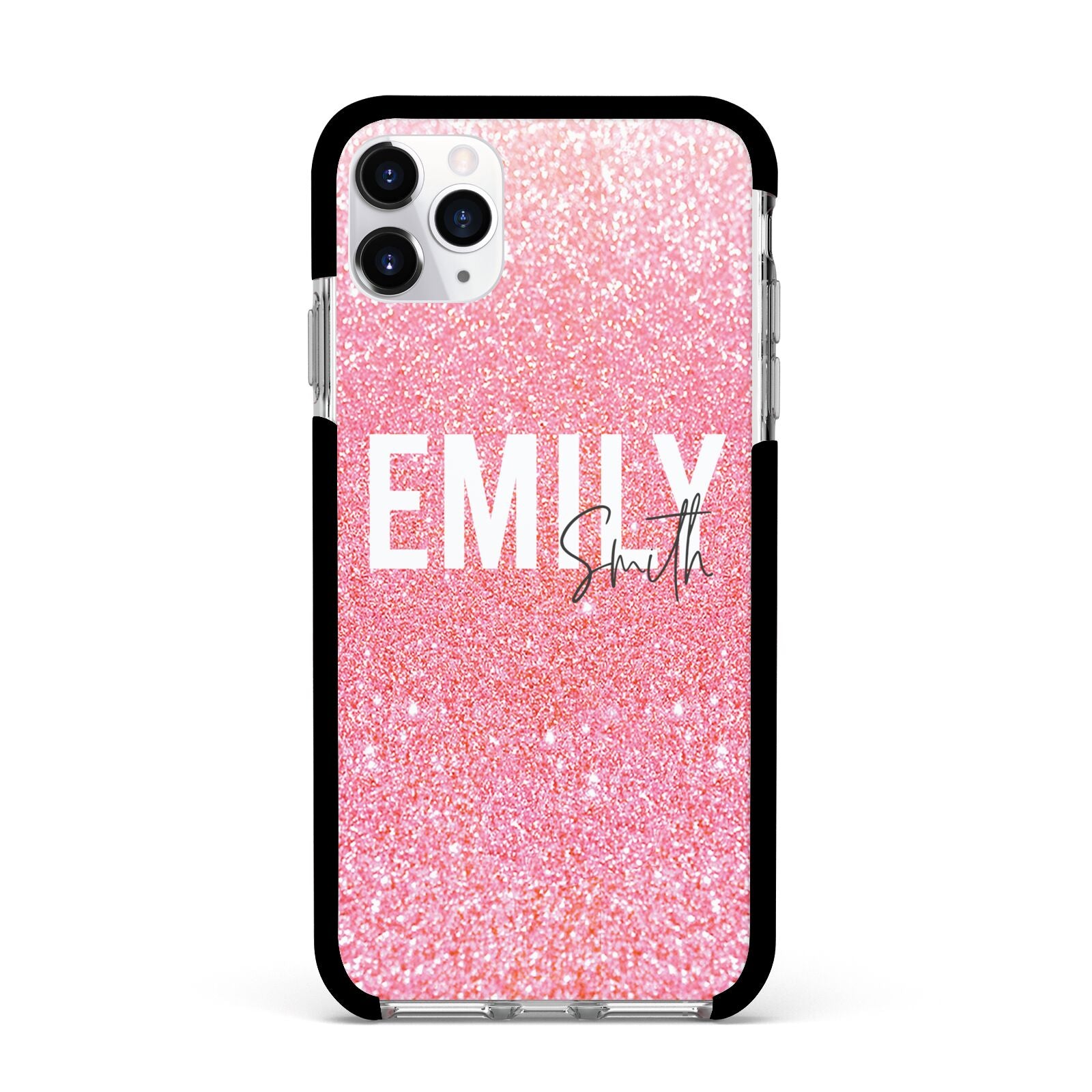 Personalised Pink Glitter White Name Apple iPhone 11 Pro Max in Silver with Black Impact Case