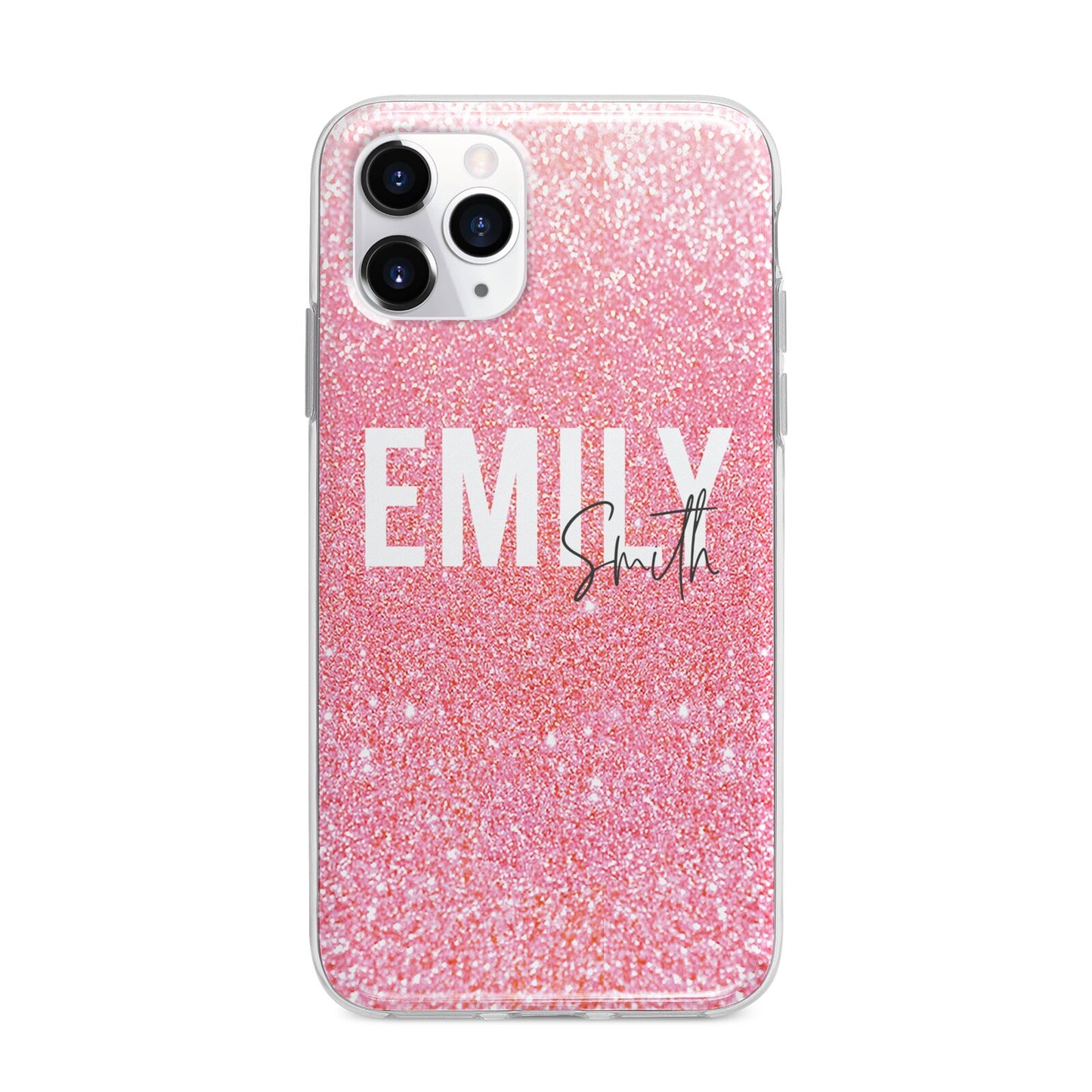 Personalised Pink Glitter White Name Apple iPhone 11 Pro Max in Silver with Bumper Case