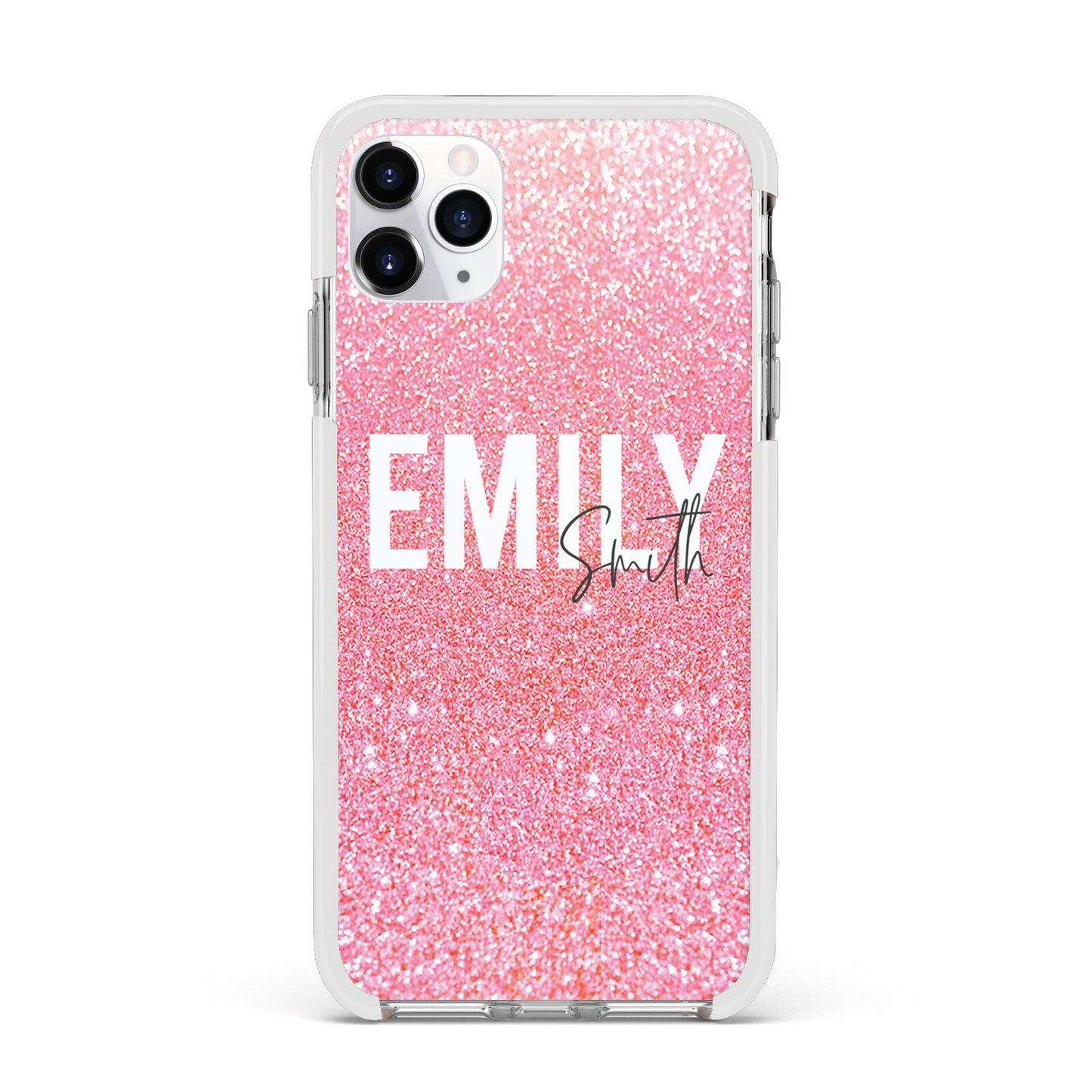 Personalised Pink Glitter White Name Apple iPhone 11 Pro Max in Silver with White Impact Case