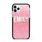 Personalised Pink Glitter White Name Apple iPhone 11 Pro in Silver with Black Impact Case