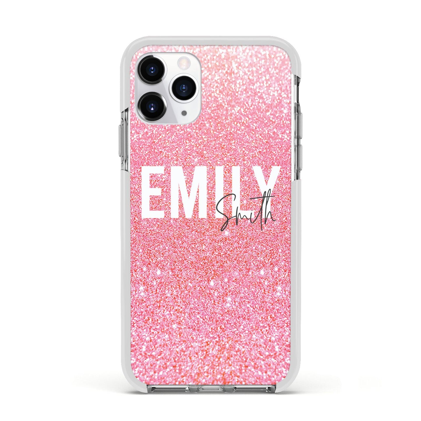 Personalised Pink Glitter White Name Apple iPhone 11 Pro in Silver with White Impact Case