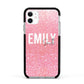 Personalised Pink Glitter White Name Apple iPhone 11 in White with Black Impact Case