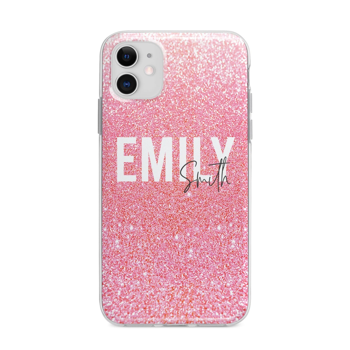 Personalised Pink Glitter White Name Apple iPhone 11 in White with Bumper Case