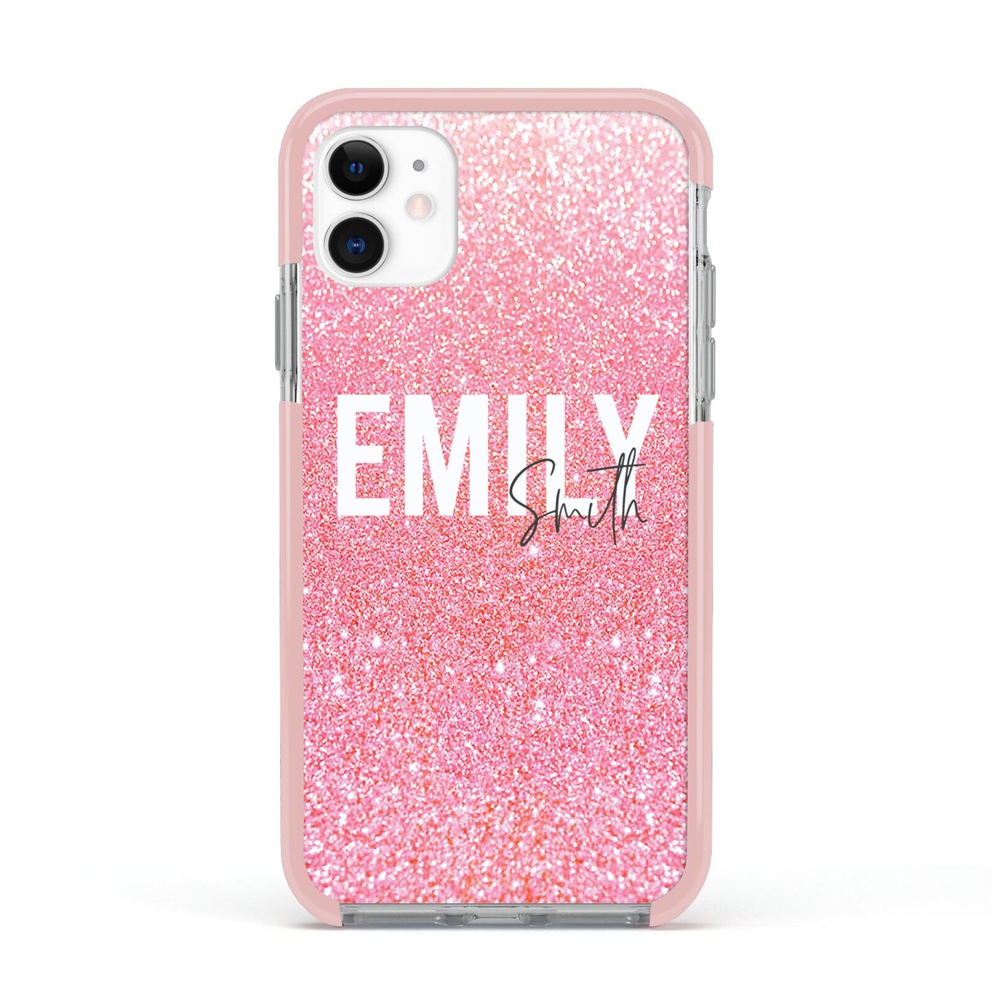 Personalised Pink Glitter White Name Apple iPhone 11 in White with Pink Impact Case