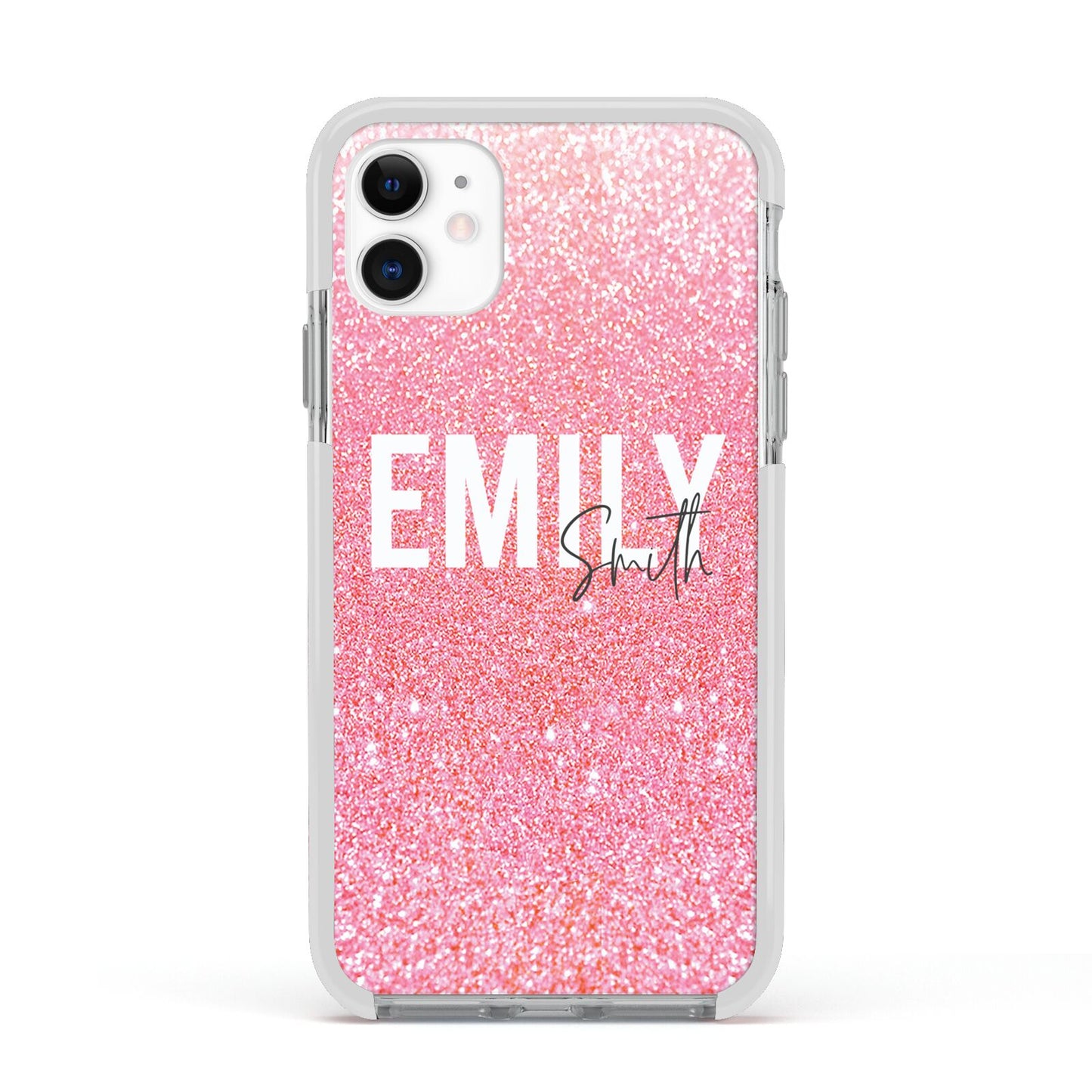 Personalised Pink Glitter White Name Apple iPhone 11 in White with White Impact Case