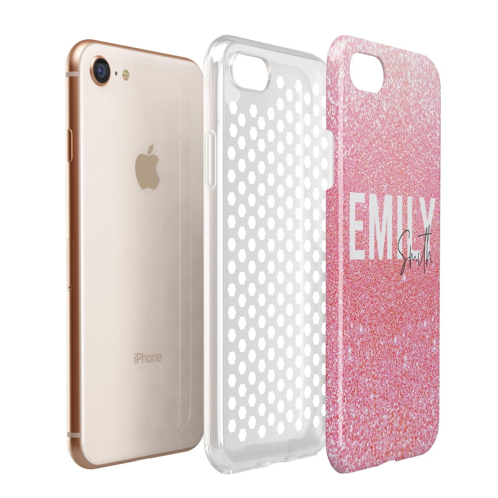 Personalised Pink Glitter White Name Apple iPhone 7 8 3D Tough Case Expanded View